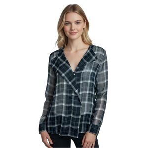 Philosophy Republic Clothing Sheer Plaid V-Neck High-Low Blue Button Dow…